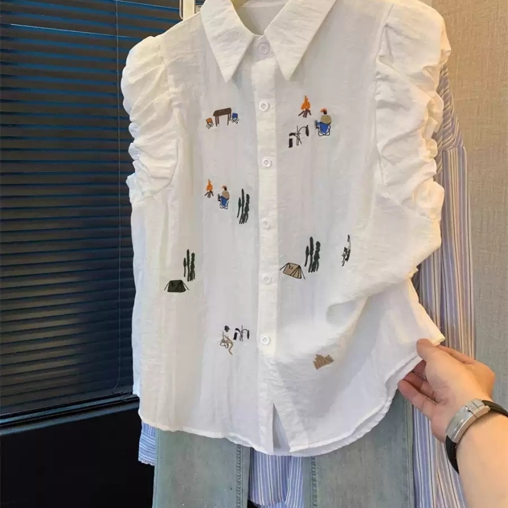 White Camping Embroidered Puff Sleeve Shirt